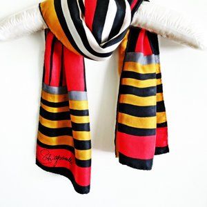 Signed Schiaparelli Vtg 60s Scarf Striped Black Red White Gold  Rolled Edges